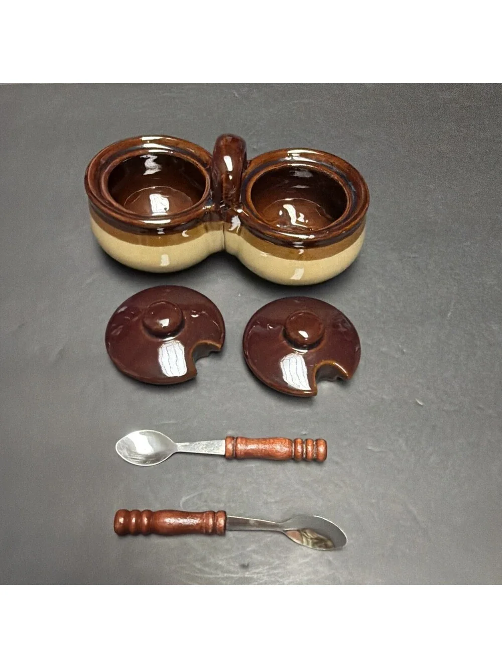 Vintage Stoneware Two-Tone Brown Tan Double Condiment Set Lids Spoons Taiwan